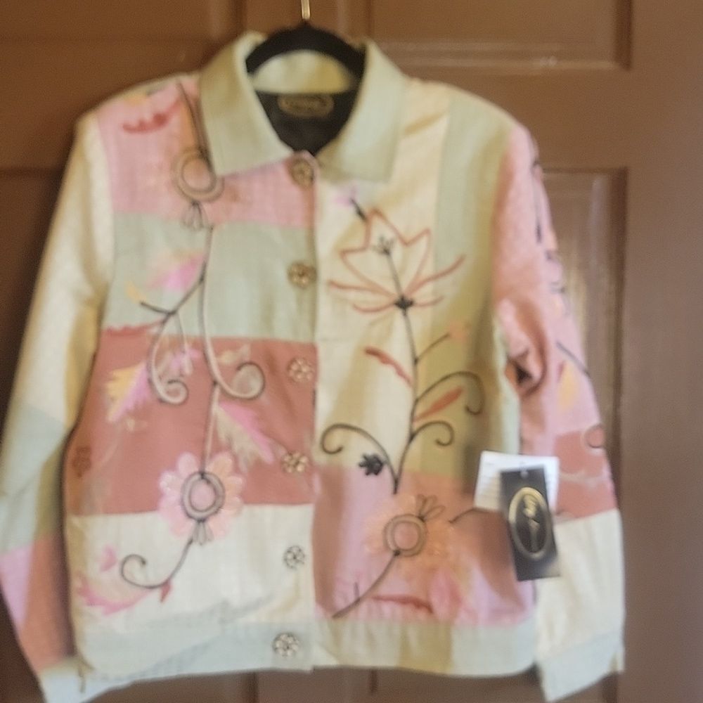 Alex Kim-Pink,bge,green jkt. with embroidered flowers and patchwork. Size M. NWT